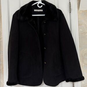 Larry Levine Faux Suede and Shearling Stunning Black Jacket,Leather-like Buttons
